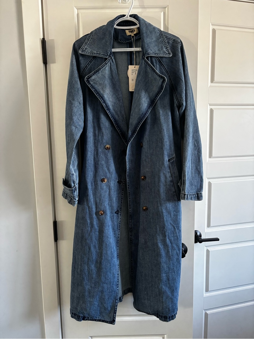 NWT FRNCH Paris Oversized Denim Trench Coat 100% Cotton Belted Size S M - Picture 2 of 6
